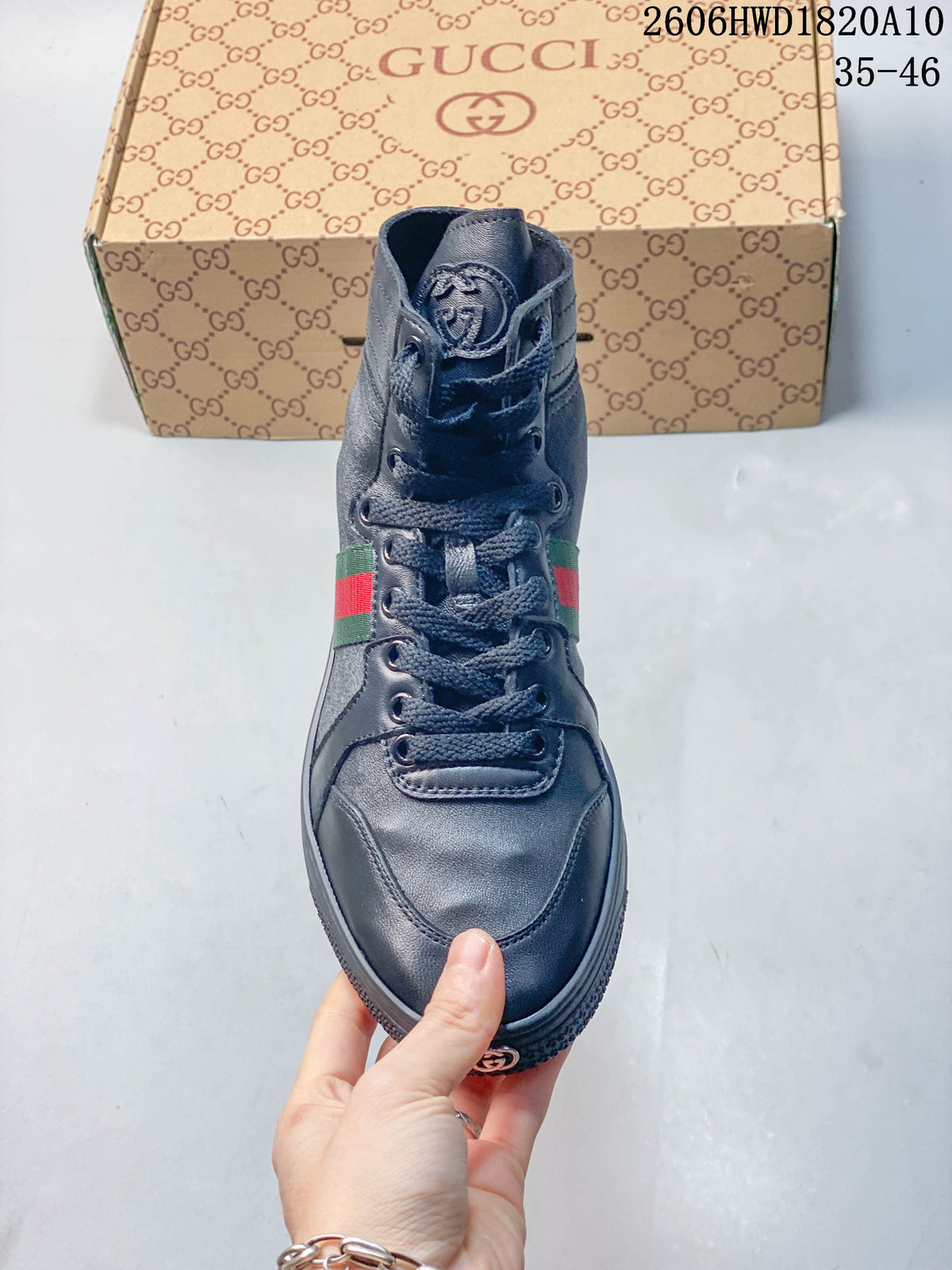 Gucci Dark Gray High-Top Sneakers with Green-Red Stripe 2606HWD1820A10