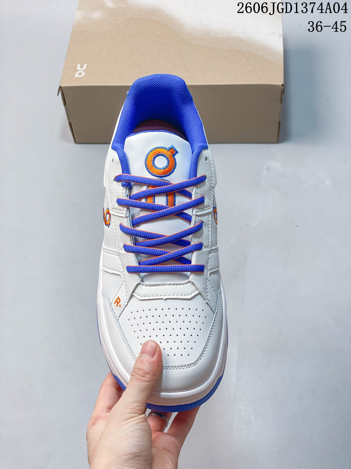 On THE Roger Clubhouse Sneakers in White, Blue and Orange