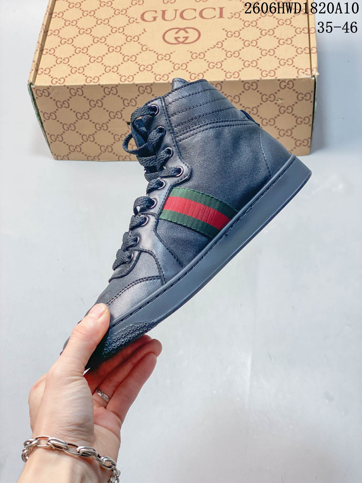 Gucci Dark Gray High-Top Sneakers with Green-Red Stripe 2606HWD1820A10