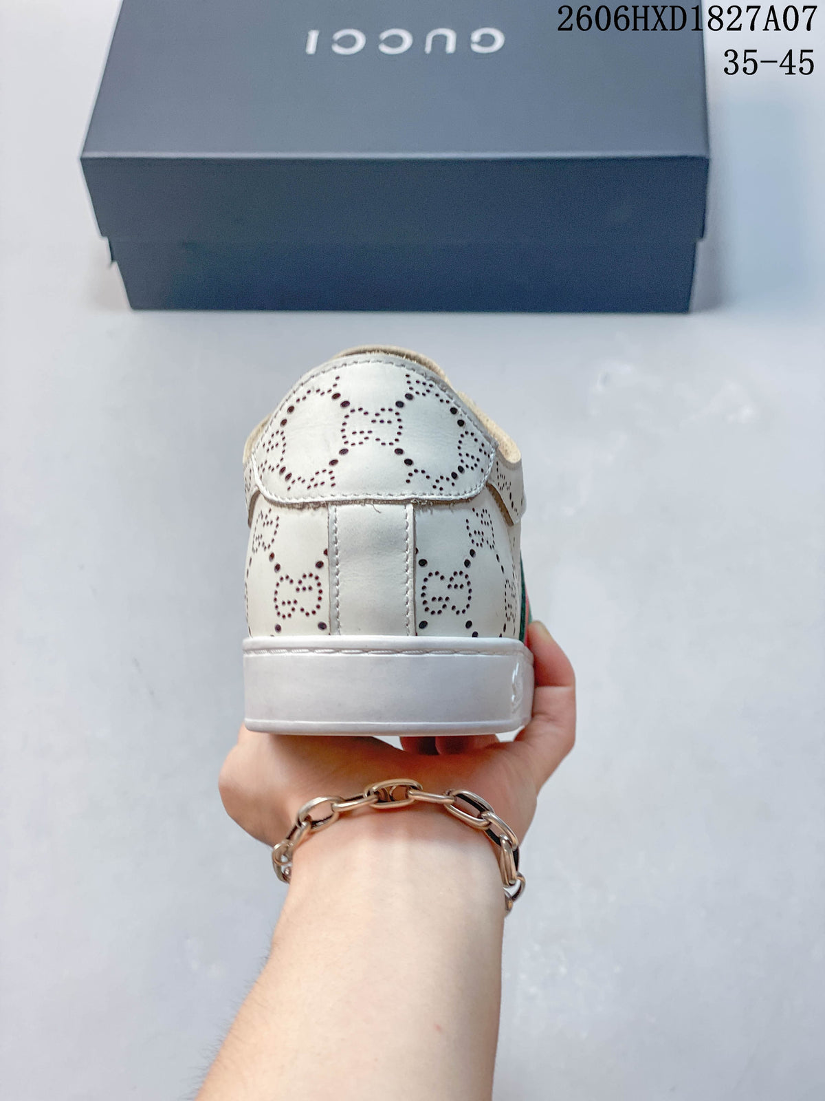 Gucci White Perforated Low-Top Sneakers with Green-Red Web
