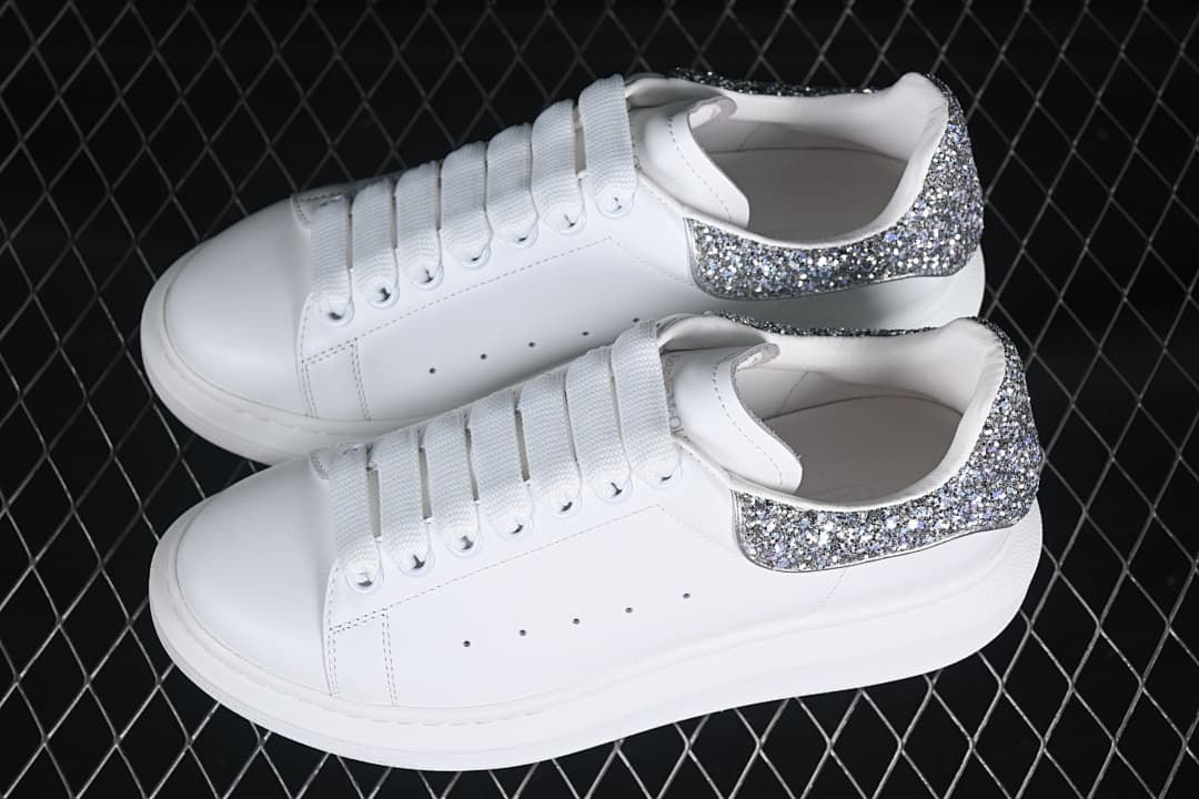 Alexander McQueen White Glitter Heel Low-Top Sneakers