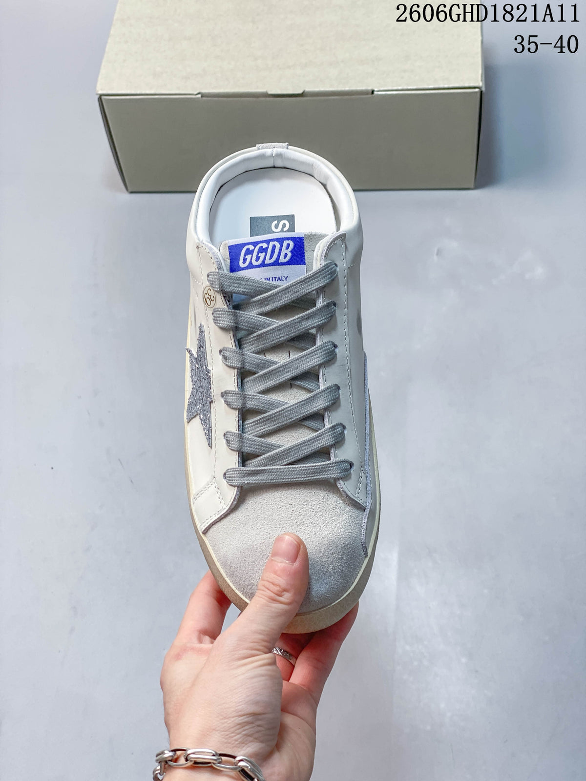Golden Goose Super-Star White Low-Top Sneakers with Glitter Star