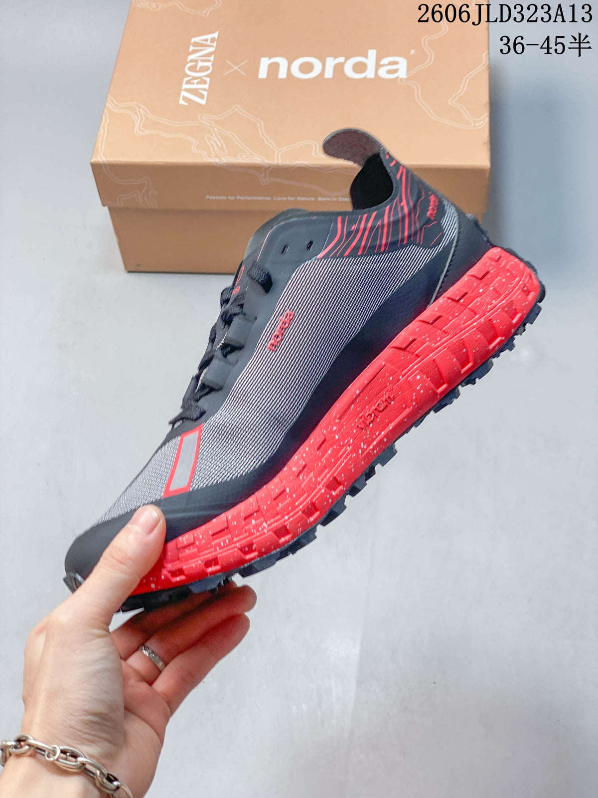 Norda 001 Trail Running Shoes in Charcoal and Red