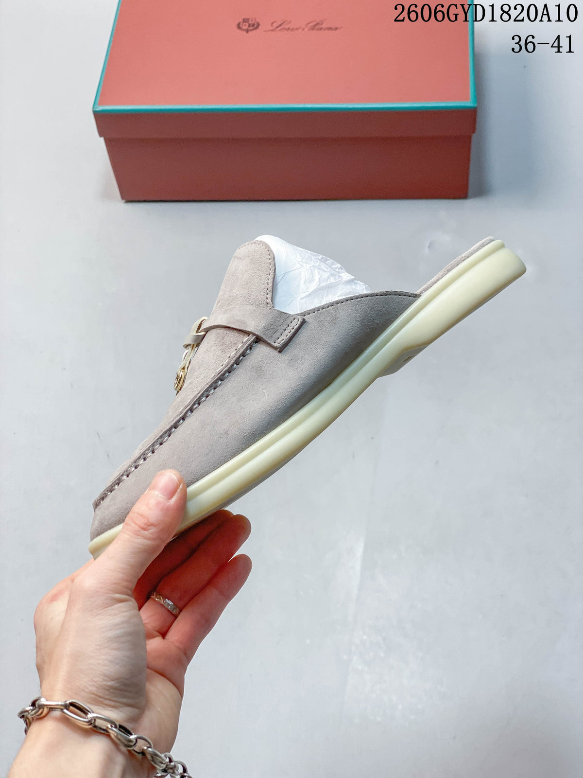 Loro Piana Grey Slip-On Loafers with Gold-Tone Detail