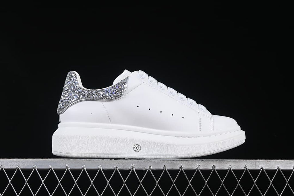 Alexander McQueen White Glitter Heel Low-Top Sneakers