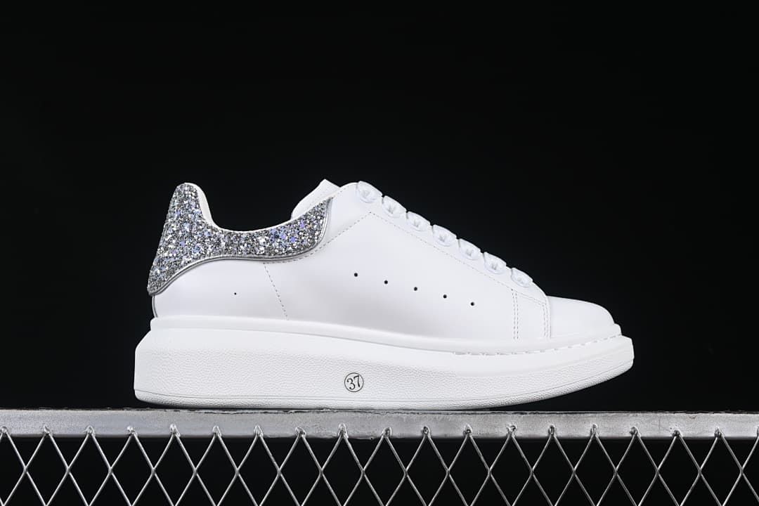 Alexander McQueen White Glitter Heel Low-Top Sneakers