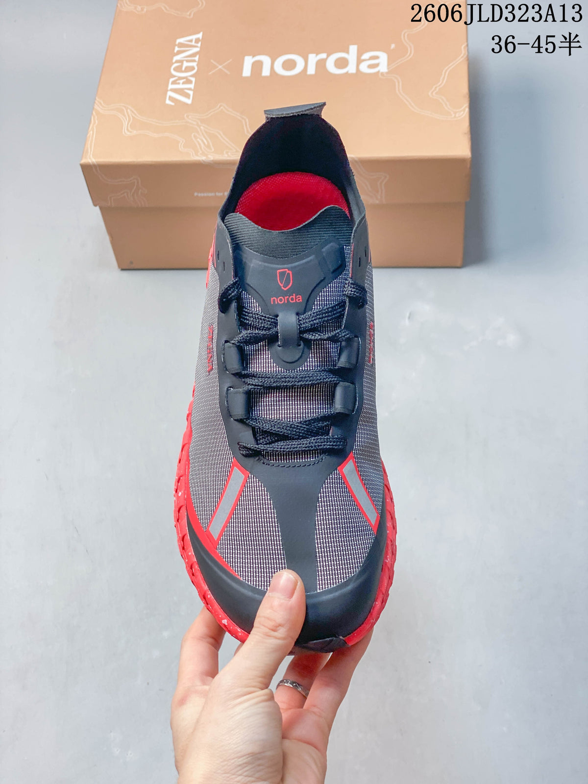 Norda 001 Trail Running Shoes in Charcoal and Red