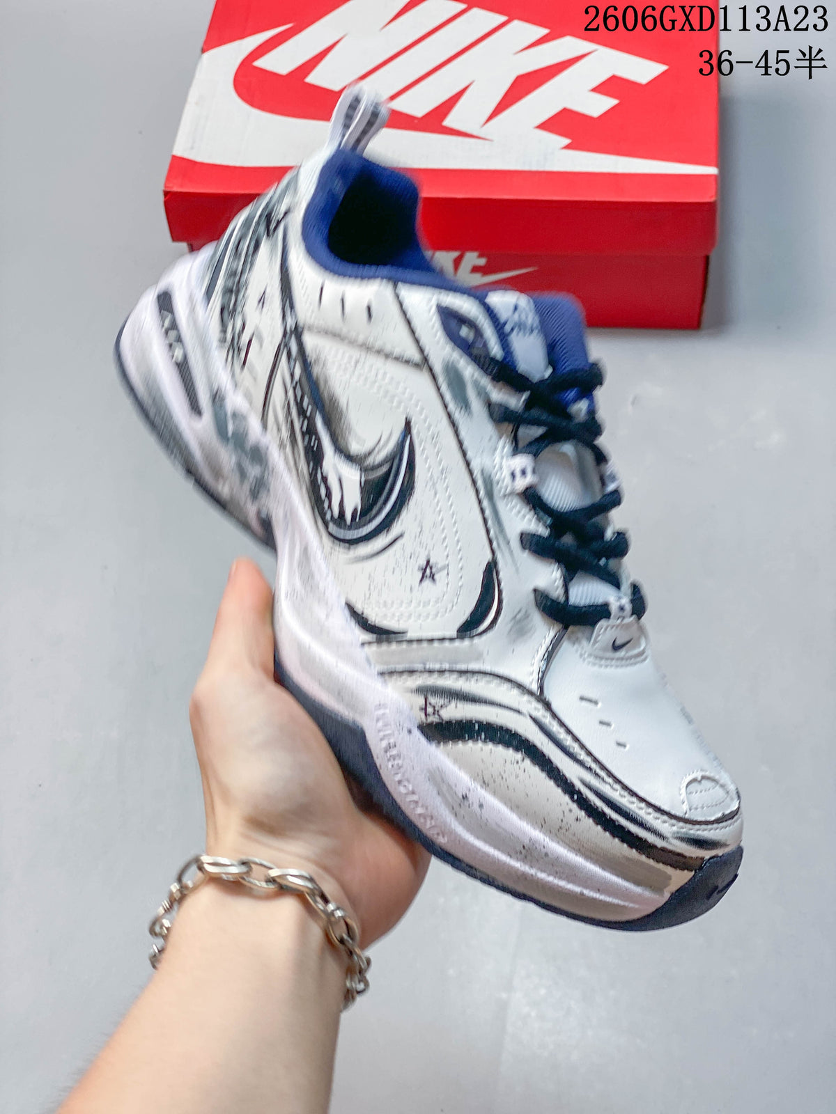 Nike Air Monarch IV Silver and Navy Sneakers 415445-102