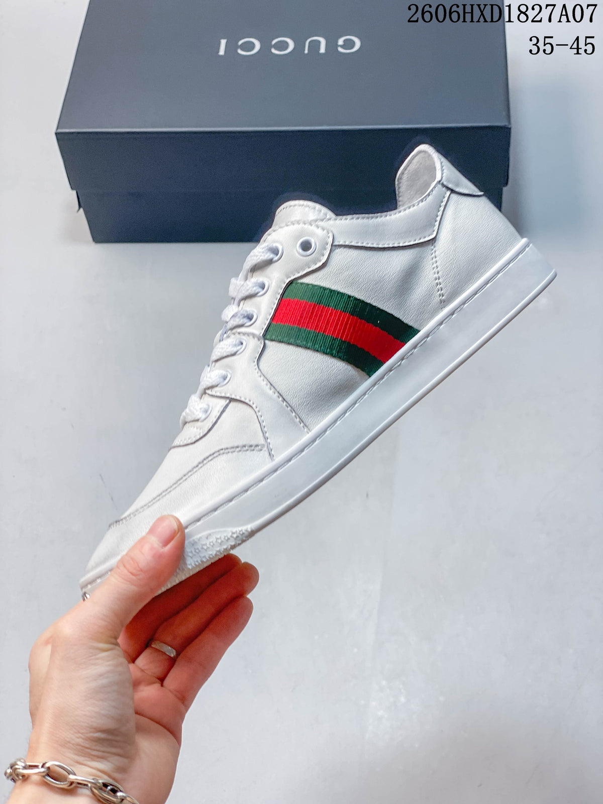 Gucci White Leather Low-Top Sneakers with Green-Red Web Stripe