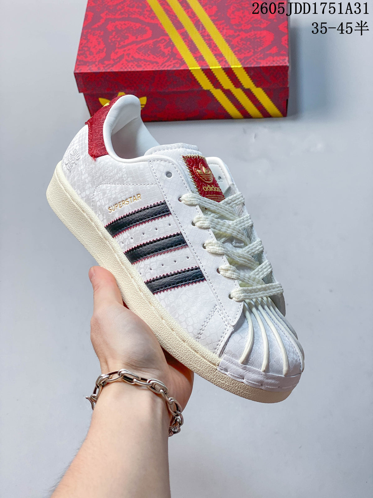 Adidas Superstar White Shell-Toe Sneakers with Red Accents