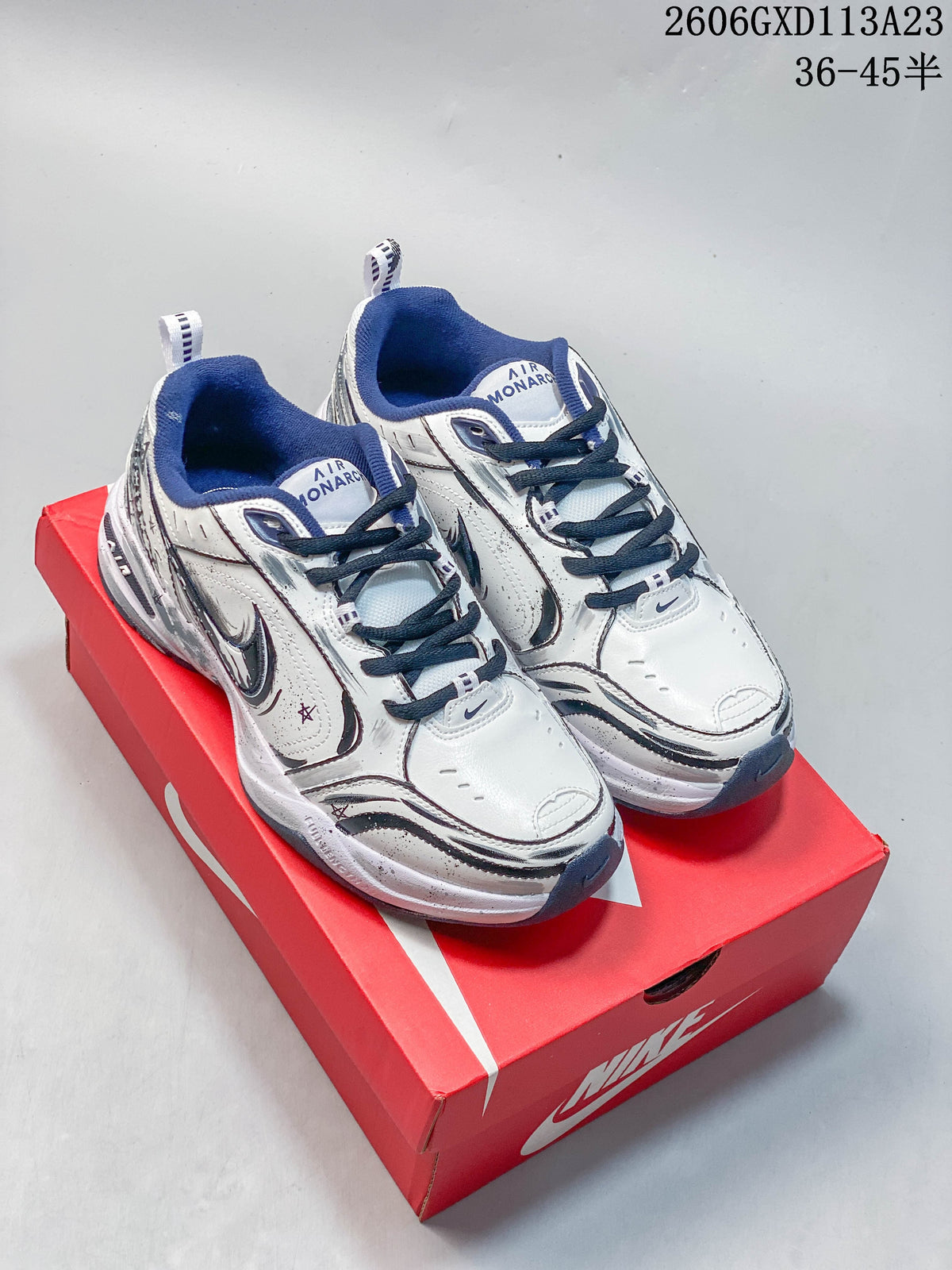 Nike Air Monarch IV Silver and Navy Sneakers 415445-102