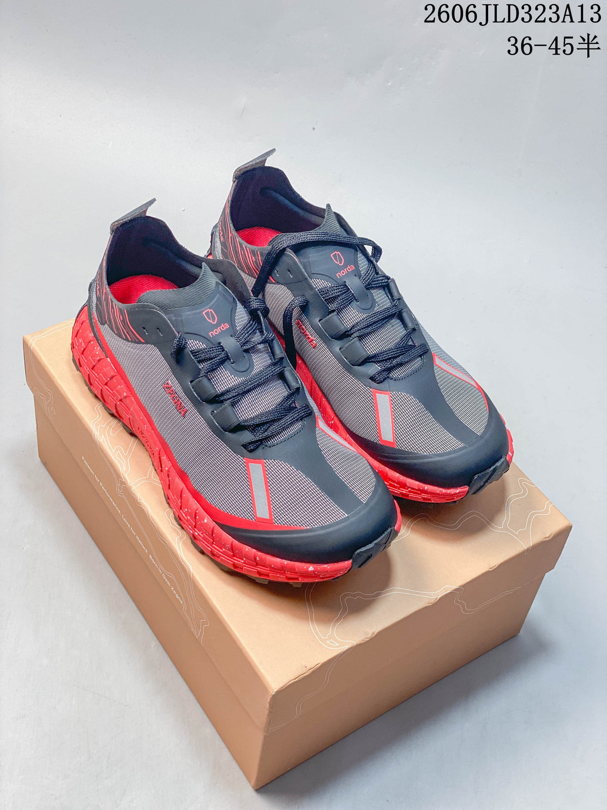 Norda 001 Trail Running Shoes in Charcoal and Red