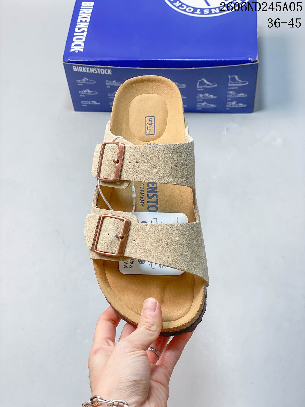 Birkenstock Two-Strap Sandals in Beige Suede-Style Finish