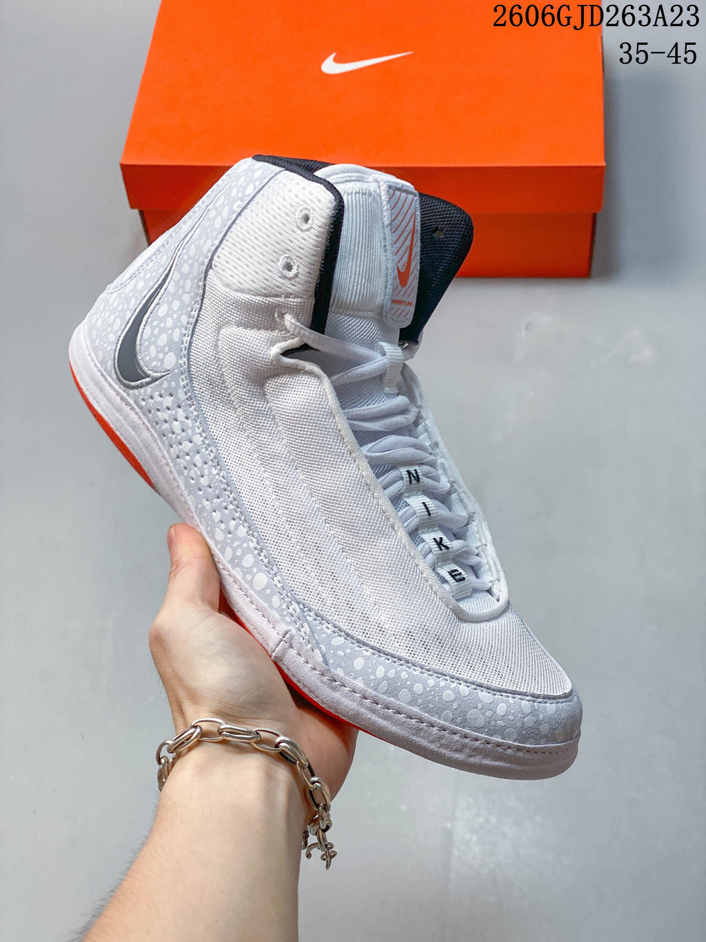 Nike Inflict 4 Wrestling Shoes in White and Grey