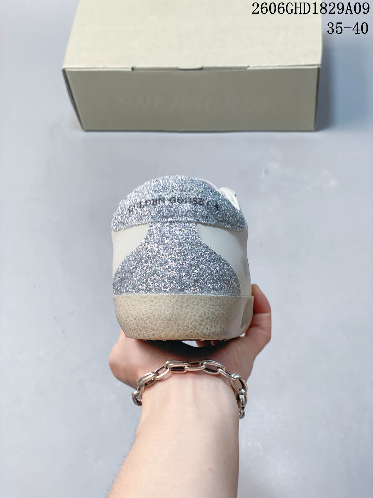 Golden Goose Super-Star White Sneakers with Silver Glitter Star