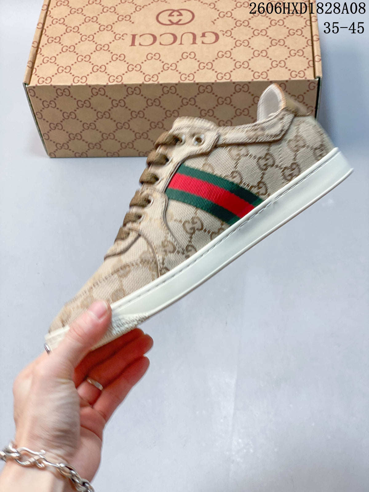 Gucci GG Canvas Low-Top Sneakers with Green-Red Stripe