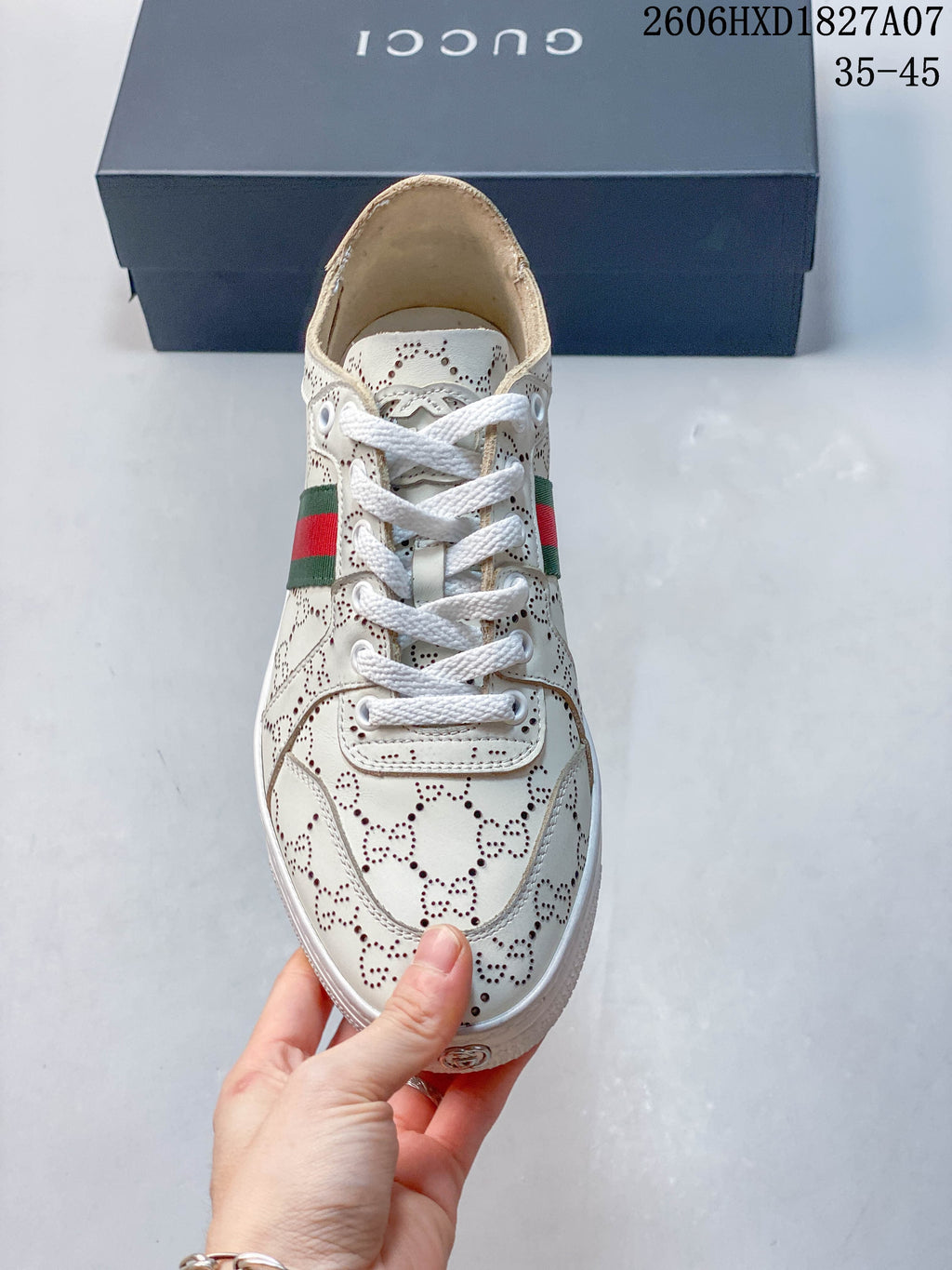 Gucci White Perforated Low-Top Sneakers with Green-Red Web