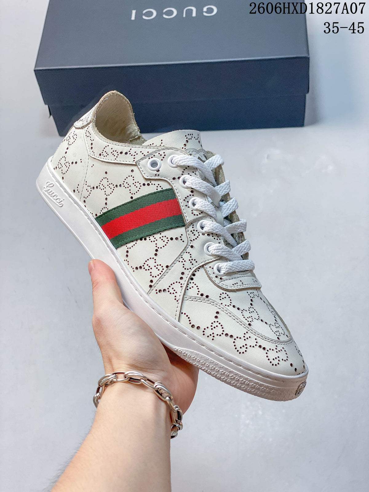 Gucci White Perforated Low-Top Sneakers with Green-Red Web