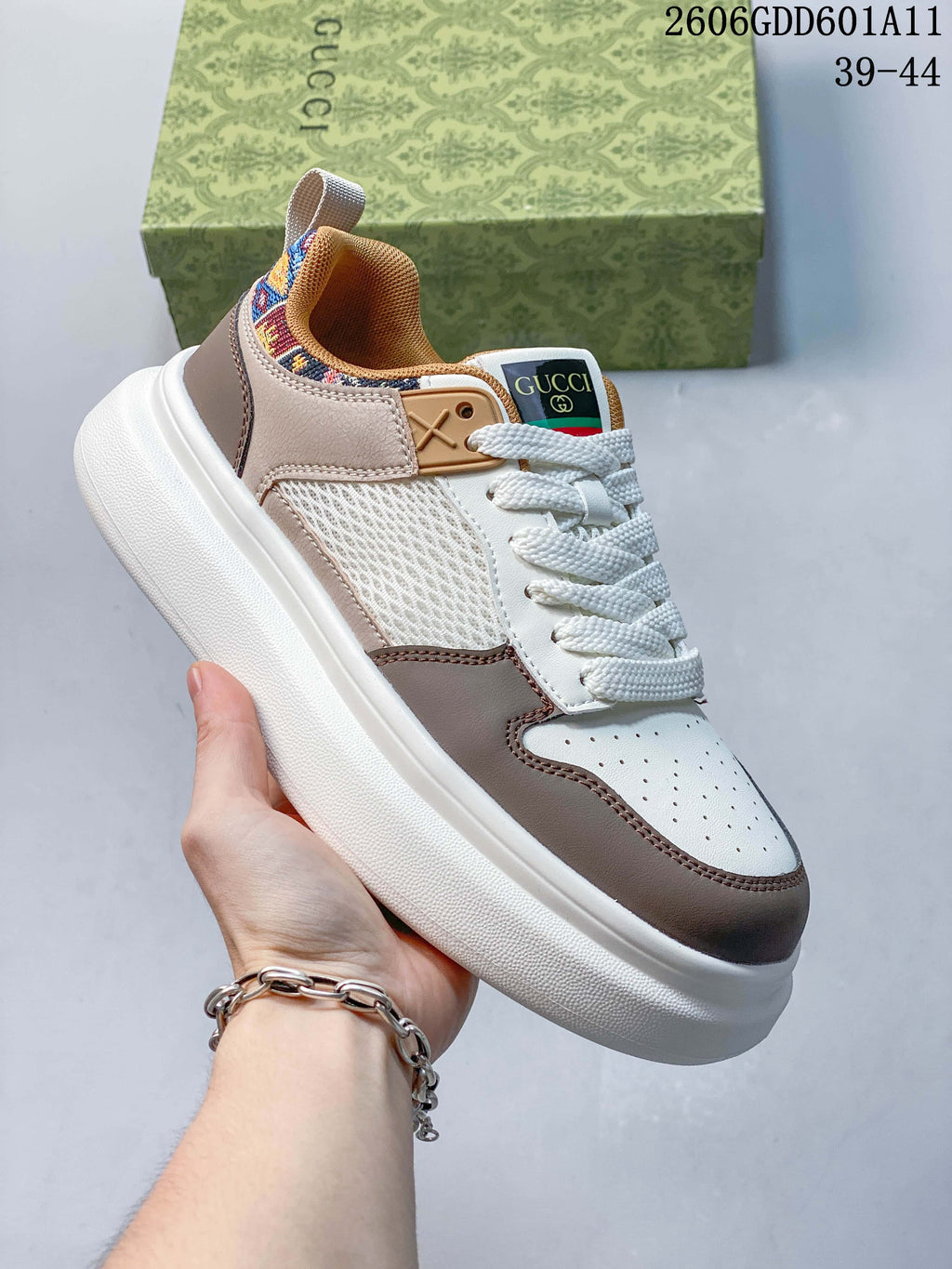 Gucci Screener GG Low-Top Sneakers in White and Taupe