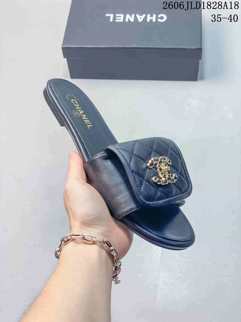 Chanel Quilted Double-C Slide Sandals, Black and White