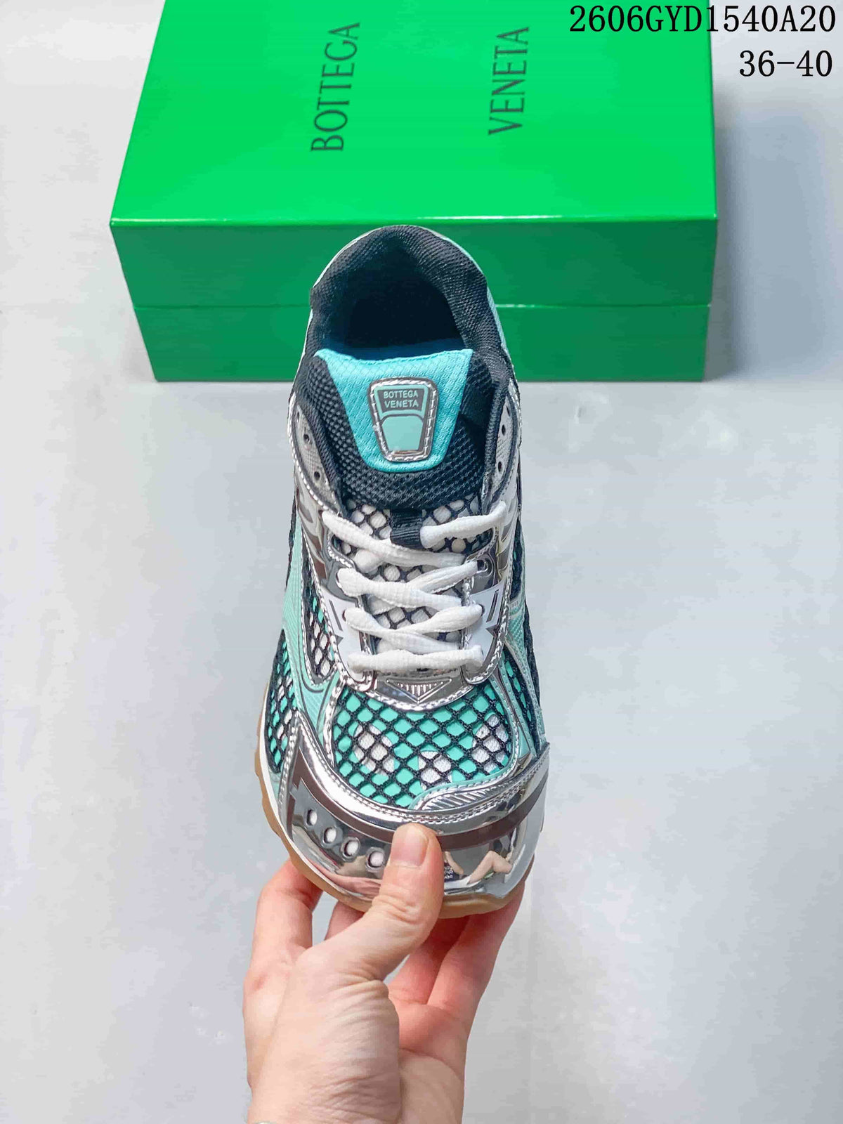 Bottega Veneta Orbit Lace-Up Runner Sneakers in Turquoise and Silver