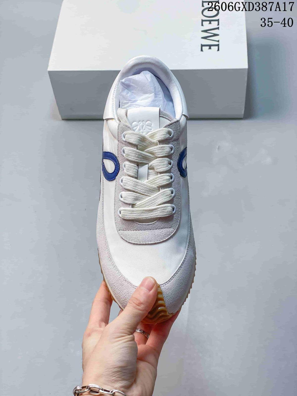 Loewe White and Blue Lace-Up Sneakers with Gum Sole