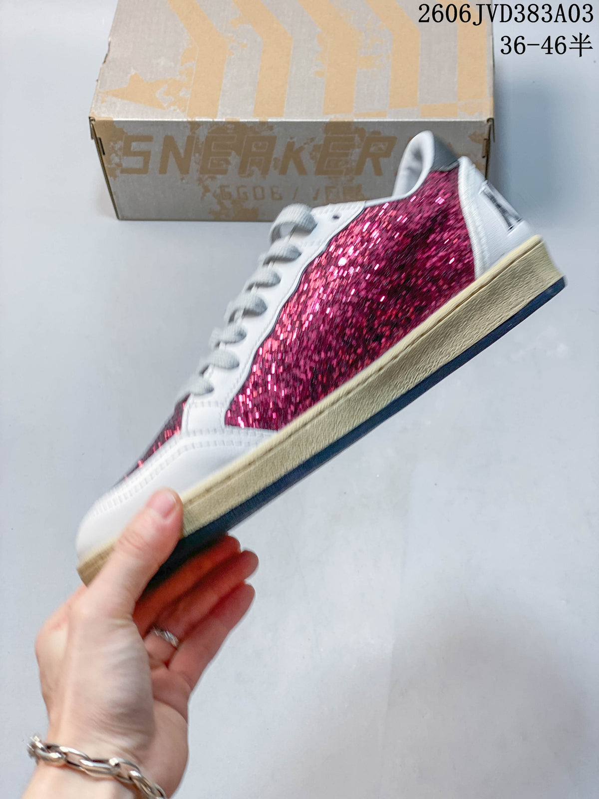 Golden Goose Super-Star Sneakers, White and Pink Glitter