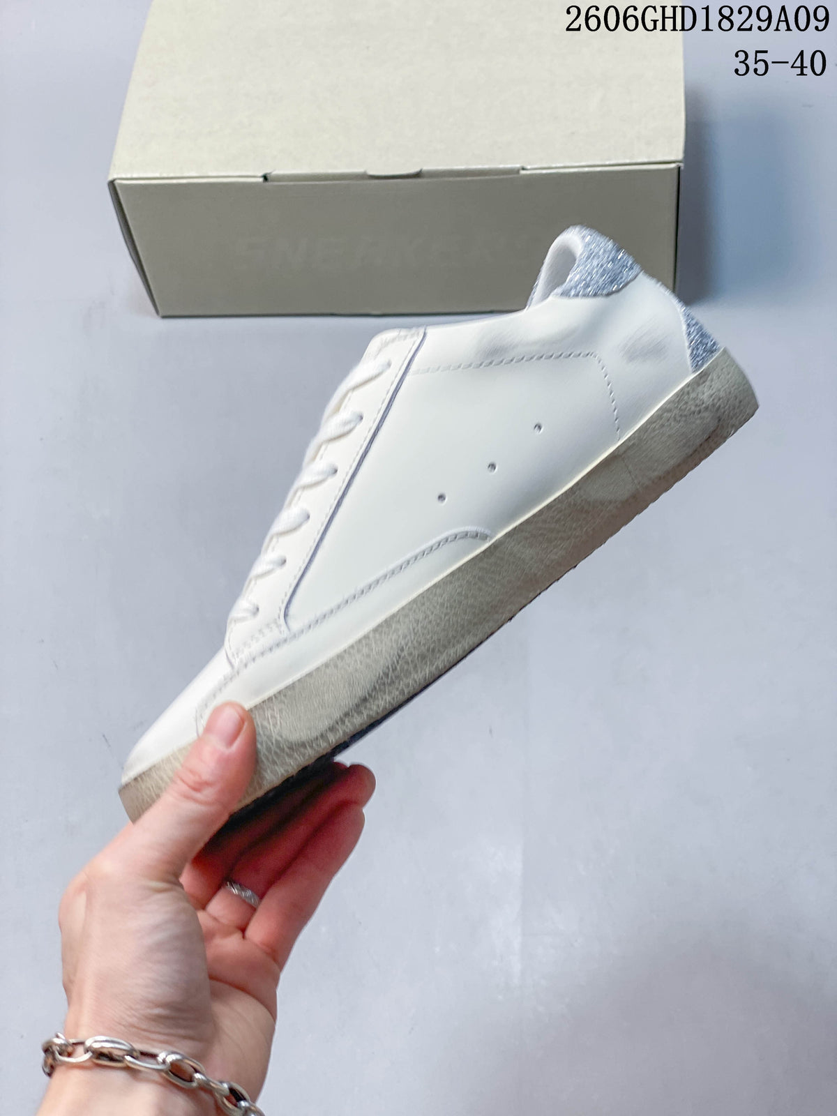 Golden Goose Super-Star White Sneakers with Silver Glitter Star
