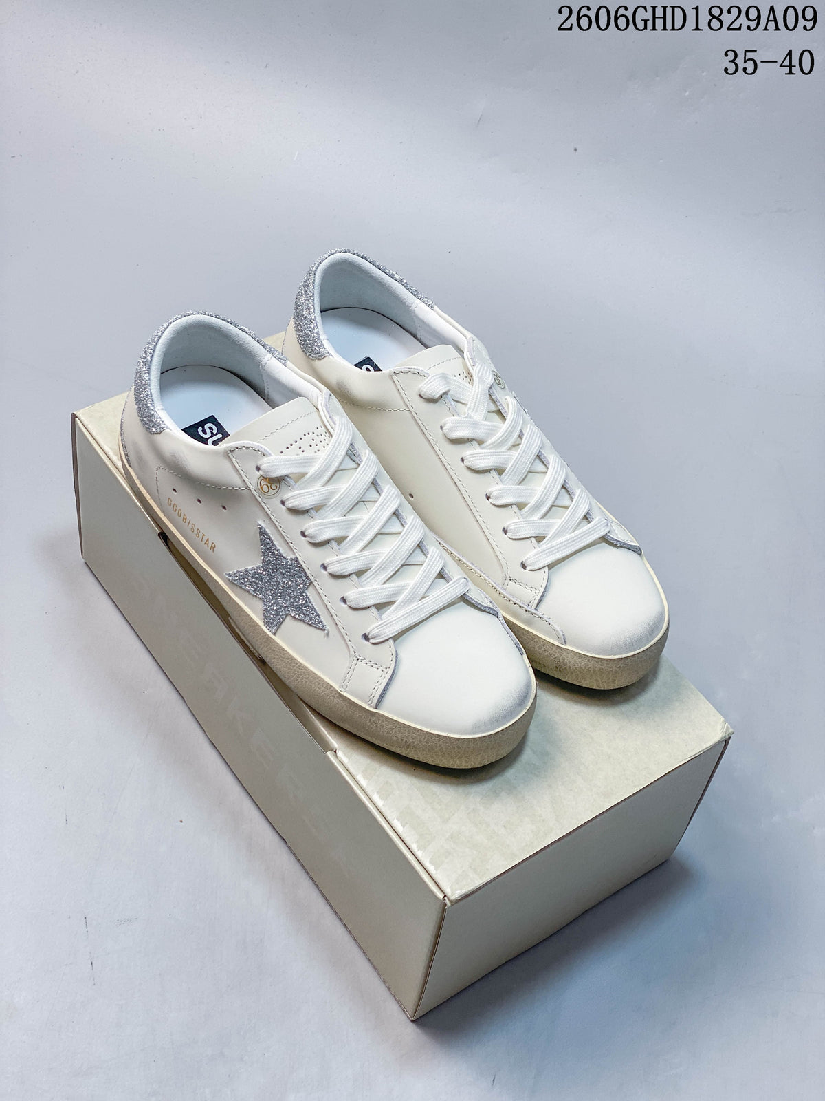 Golden Goose Super-Star White Sneakers with Silver Glitter Star